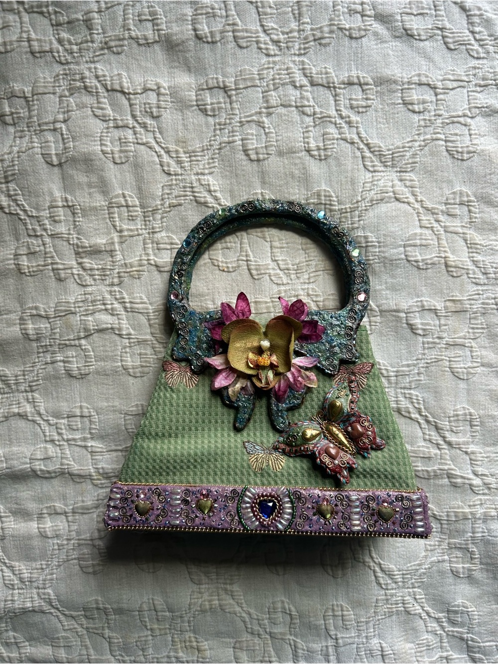 Ornate Vintage Green Floral Embellished Women’s Handbag
